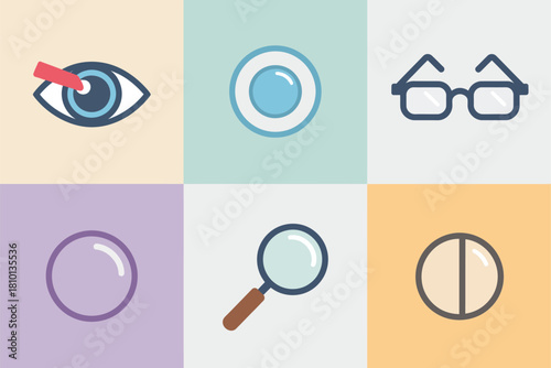 Vision care pastel tiles, eye with drop, contact lens case, eyeglass frame, clear lens circle, magnifying glass, pill