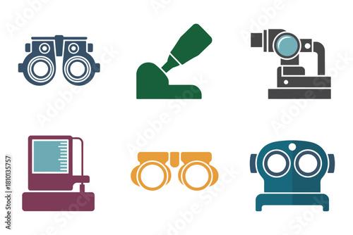 Optics and lab equipment icons, binoculars pairs, research microscope, vintage goggles, analyzer console, scientific instruments collection, vector