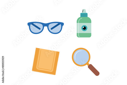 Optical care tools, eyeglasses frame, lubricating eye drops bottle, microfiber cleaning cloth, magnifying glass, optometry accessories collection, vector