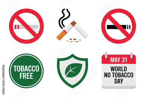 Anti smoking icons, no cigarette sign, tobacco free badge, shield leaf, awareness calendar, world no tobacco day, vector