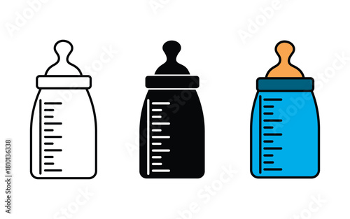 Baby feeding bottle Icon set in black filled and line icon. Milk Feeding Bottle icon for Newborns, Bottle for Babies and Toddler.