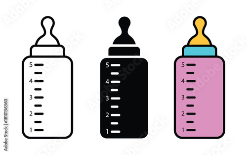 Baby feeding bottle Icon set in black filled and line icon. Milk Feeding Bottle icon for Newborns, Bottle for Babies and Toddler.