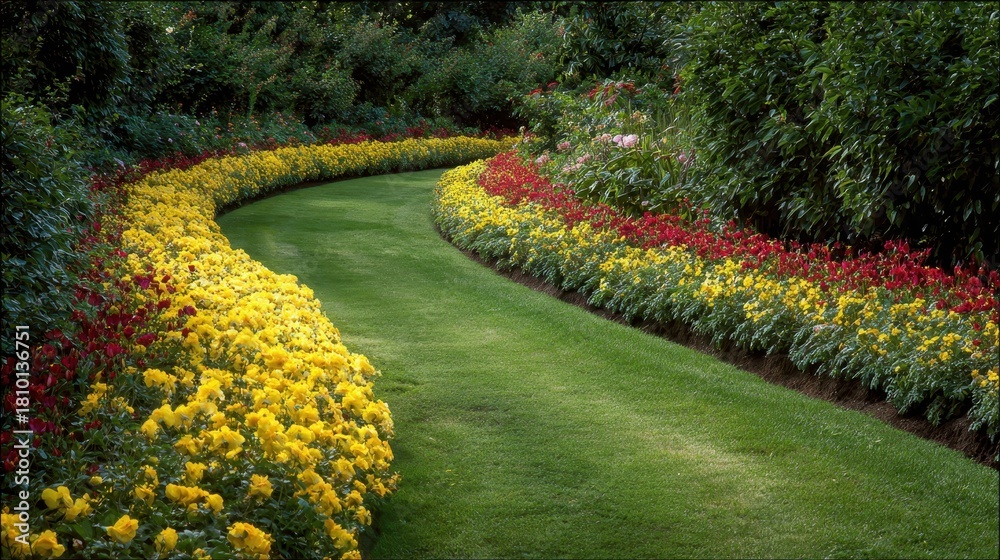 Obraz premium Winding garden path with vibrant yellow and red flowers bordering a lush green lawn, creating a serene and colorful landscape design for relaxation and beauty