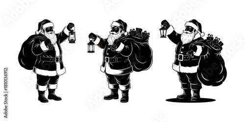 Children meeting Santa silhouette, cute festive winter moment in black Christmas vector, cheerful holiday scene