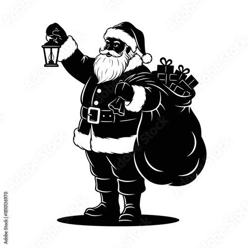 Santa with lantern and full sack silhouette, bold traditional Christmas vector design, festive winter illustration
