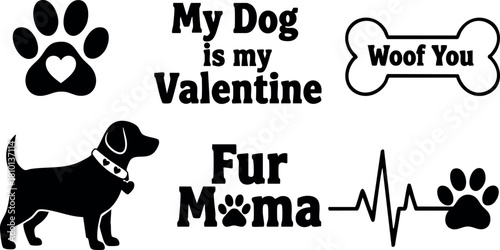 Dog Valentine Paw Print Fur Mama Heart Collar Bone Woof You Love Design Vector Illustration