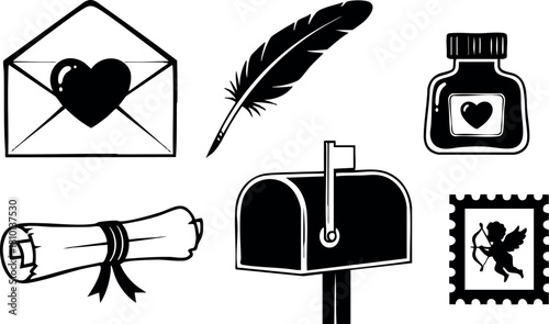 Love letter envelope feather ink bottle scroll mailbox stamp cupid vector illustration