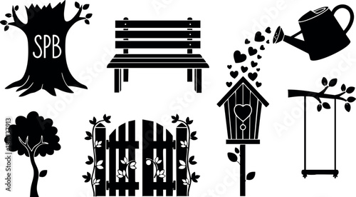 Park tree bench gate birdhouse swing wateringcan hearts outdoor nature vector illustration