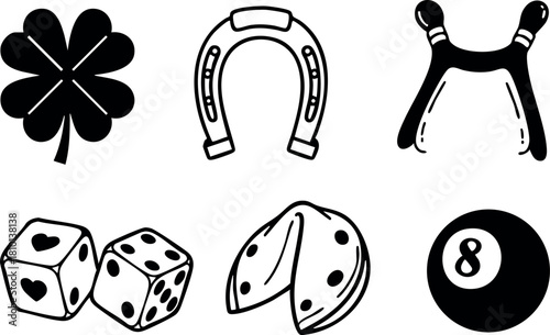 Lucky symbols clover horseshoe dice fortune cookie pool ball vector illustration