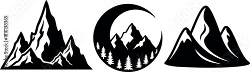 Mountain peaks silhouette landscape nature forest trees crescent moon black white vector illustration
