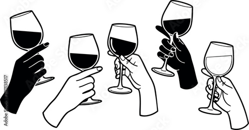 Hands holding wine glasses celebrating with red and white wine vector illustration