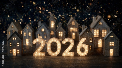 Illuminated houses and 2026 sign create a festive atmosphere during winter nights