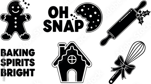 Gingerbread cookie rolling pin whisk gingerbread house baking spirits bright sugar cookie vector illustration