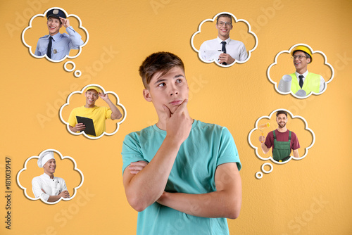 Tablou pe pânză Teenage boy thinking about career options on pale orange background