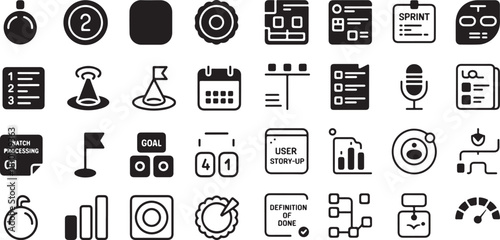 Agile project management icon set. Containing scrum boards, sprint backlogs, user stories, goal flags, daily standup microphones, kanban workflows, progress charts, definition of done and more