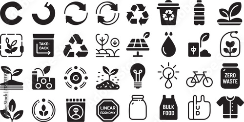 Circular economy icon set. Containing recycling loops, zero waste jars, solar energy panels, sustainable clothing, bulk food bags, eco friendly transportation, linear economy signs, nature leaves and 