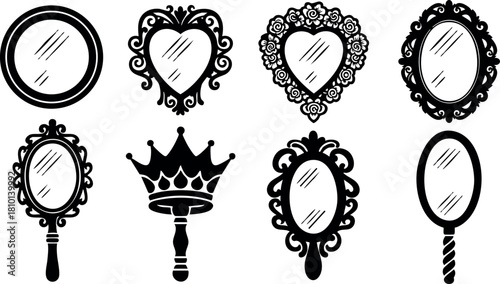 Vintage hand mirror collection decorative frames crown design elegant beauty accessories vector illustration