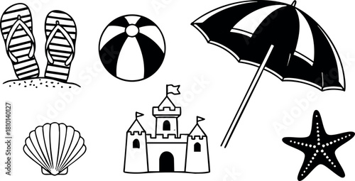 Summer beach items vector illustration with umbrella sand castle starfish shell and flip flops vector