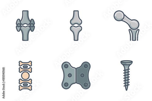 Orthopedic implant icons, spinal fusion plates, pedicle screws, joint replacement components, hip stem, knee prosthesis parts, hardware vector