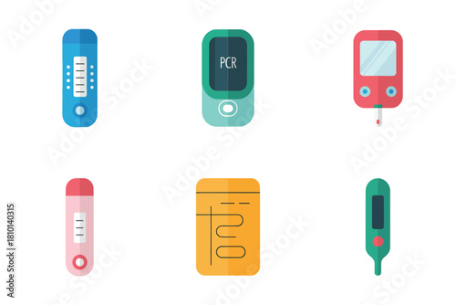 Blood glucose monitoring icons, handheld meter screens, test strip cartridges, lancet pen device, diabetic care toolkit vector