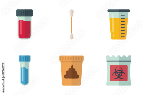 Clinical specimen collection icons set, blood vial, cotton swab, sample cup, biohazard bag, urine container, medical vector