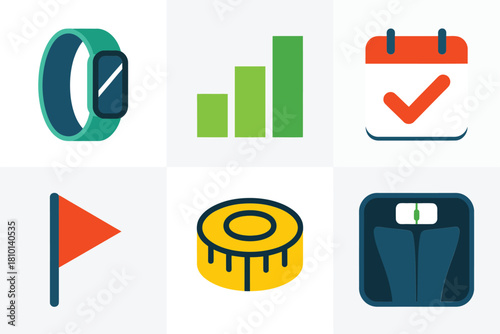 Fitness tracking icons grid, smart wristband, progress chart, checked calendar, goal flag, measuring tape, body weight scale