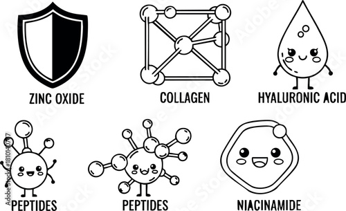 Skincare ingredients icons zinc oxide collagen hyaluronic acid peptides niacinamide vector illustration
