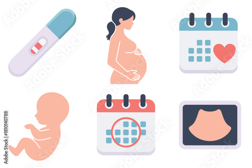 Pregnancy milestones set, rapid test, expecting figure, ovulation calendar, fetal silhouette, belly scan, ultrasound frame, wellness vector