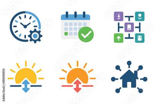 Flat vector icons illustrate smart home control and scheduling, featuring clock, calendar, and sunrise/sunset.