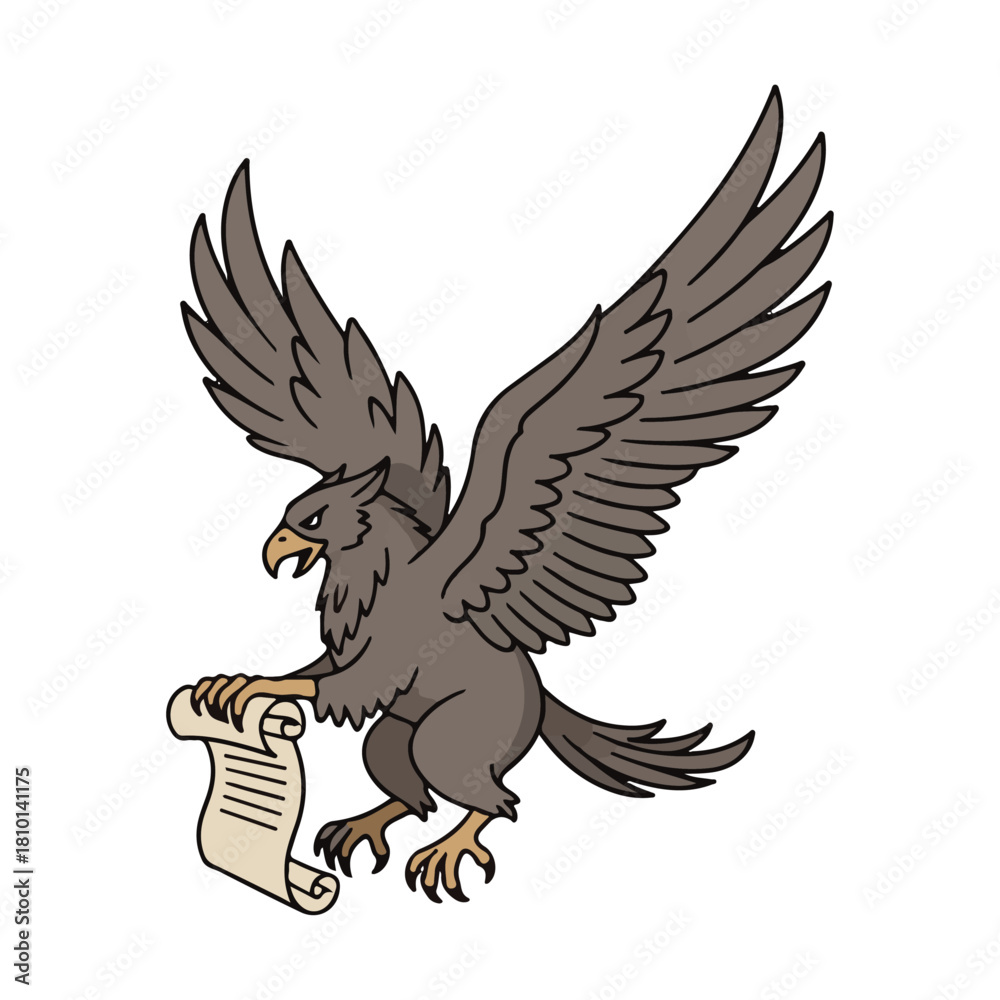 Fototapeta premium Majestic eagle soaring with important scroll, delivering vital message with powerful wings, perfect for historical documents, fantasy games, or corporate announcements