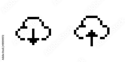 Pixel cloud upload and download icons, simple download and upload symbols, pixel art, vector illustrator.