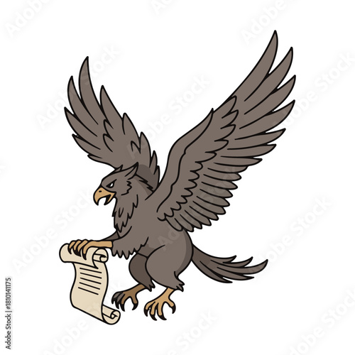 Majestic eagle soaring with important scroll, delivering vital message with powerful wings, perfect for historical documents, fantasy games, or corporate announcements