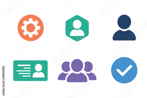 Profile management icon kit, settings gear, shielded avatar, verified check badge, team group, identification cards vector