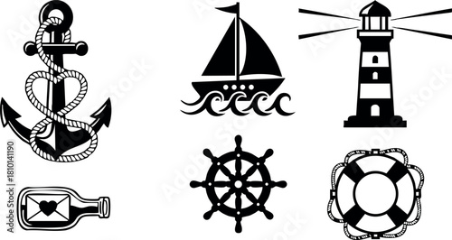 Nautical marine symbols anchor sailboat lighthouse ship wheel lifebuoy bottle vector illustration