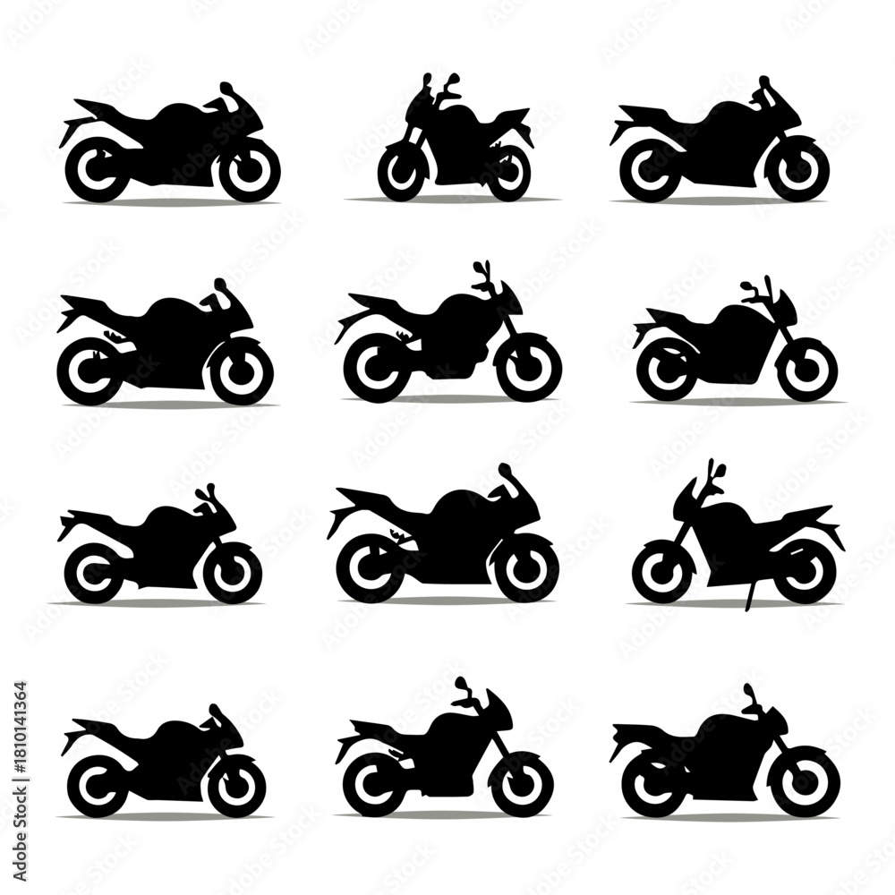 Obraz premium Sport Motorcycle Icons Set: Black Silhouette Vectors of Road Bikes for Racing, Adventure, Motorbike Apps, and Automotive Graphics