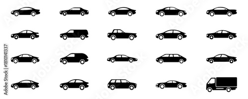 Car Silhouette Icon Set: Black Vector Graphics of Sedans, SUVs, Coupes, and Hatchbacks for Automotive, Map, and Transport Design