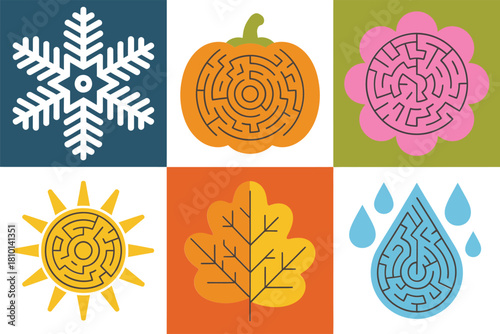 Colorful seasonal maze tiles, white snowflake, orange pumpkin brain, golden sun coin, autumn leaf, raindrop puzzle, education vector