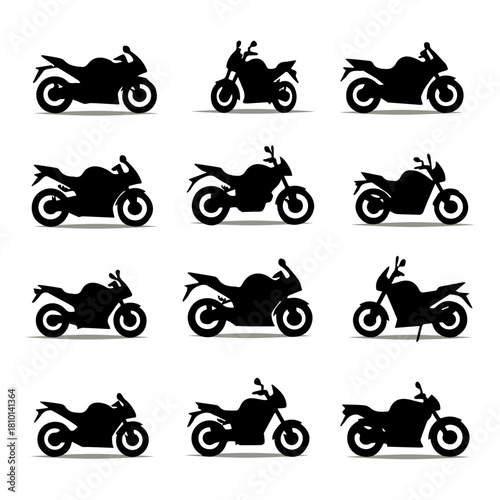 Sport Motorcycle Icons Set: Black Silhouette Vectors of Road Bikes for Racing, Adventure, Motorbike Apps, and Automotive Graphics