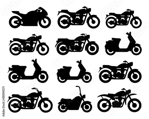 Motorcycle Silhouettes Pack: Black Vector Icons of Sport Bikes, Cruisers, Scooters, and Dirt Bikes for Motorbike Enthusiasts & Apps