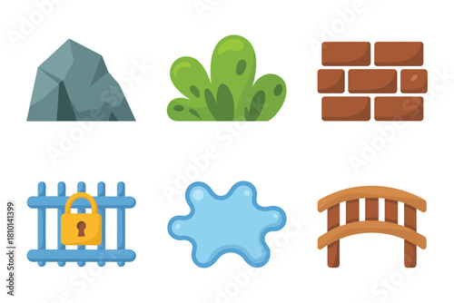 Garden builder icons pack, boulder rock, leafy shrub, brick block, fence with lock, water puddle, wooden bridge vector