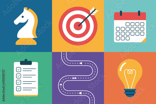 Business strategy panel, chess knight, marketing target, monthly calendar, checklist board, route map, idea bulb, colorful square vector