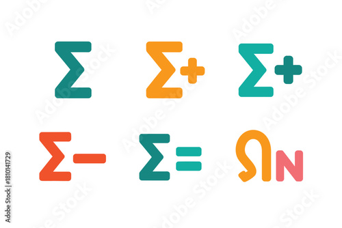 Modern math notation icons, sigma operations set, plus minus equals, omega with letter N, classroom poster vector