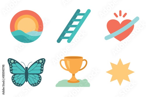 Goal achievement illustrations set, sunset wave emblem, climbing ladder progress, healing heart, butterfly, golden trophy, shining star