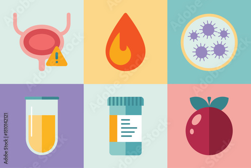 Urologic health tiles, bladder icon, fiery pain symbol, microbe graphic, urine specimen cup, pill bottle, cranberry illustration, vector