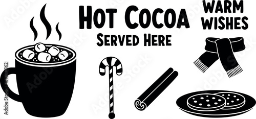 Hot cocoa served here warm wishes winter drink cup marshmallows candy cinnamon cookies scarf black illustration vector