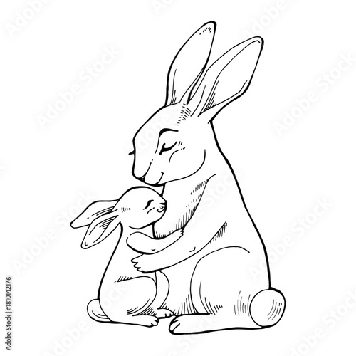 Cute hand-drawn mother bunny with baby bunny coloring page. Tender family moment perfect for children s books, nursery decor, printable sheets, educational materials and DIY projects.
