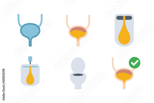 Bladder health set, blue organ symbol, urine bag droplet, toilet icon, urinal fixture, checklist tick, caution indicator, vector