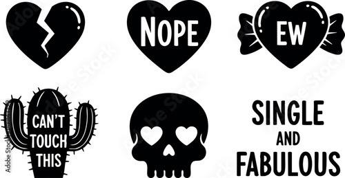 Broken heart nope ew candy cactus skull single and fabulous black vector illustration
