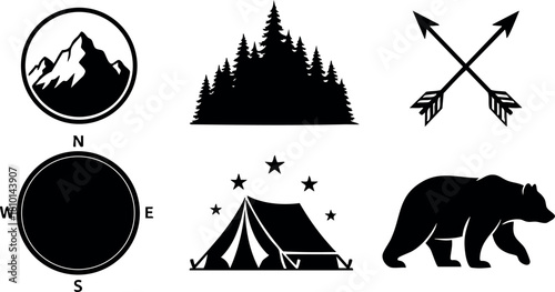 Camping adventure mountain forest tent compass arrows bear wildlife nature exploration vector illustration