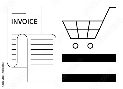 Invoice next to shopping cart with equals sign emphasizing purchase transactions and retail balance. Ideal for e-commerce, accounting, online shopping, retail, finance, business tools, customer